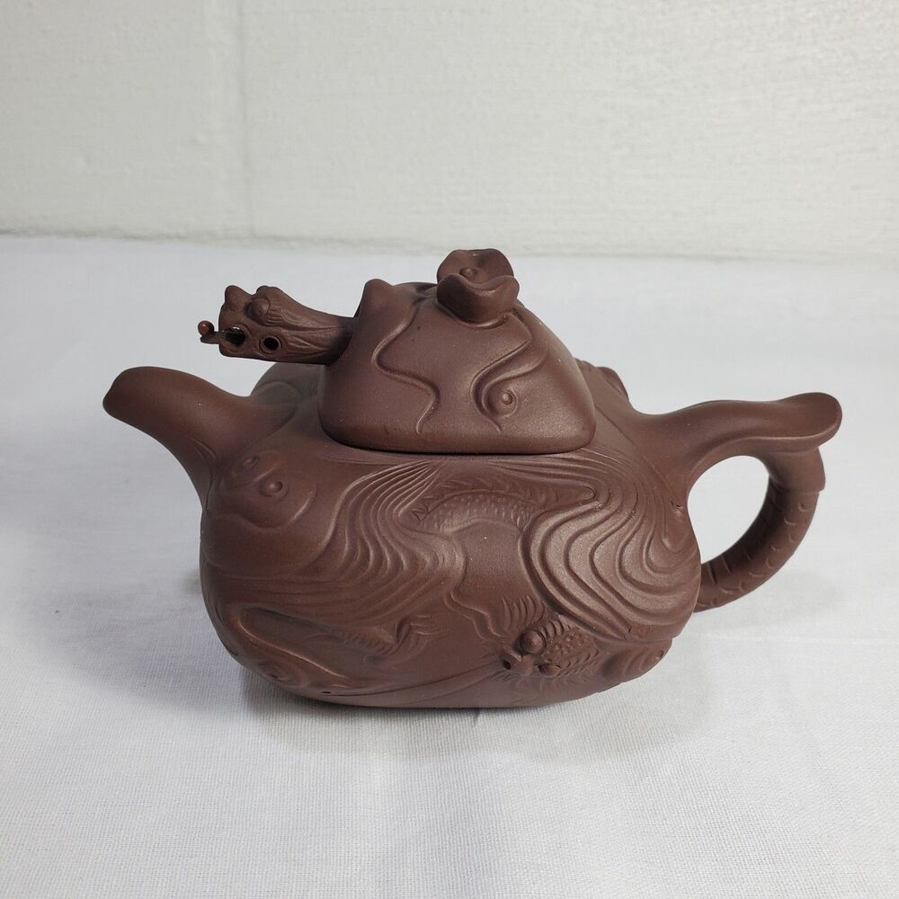 6”Marked Old Chinese Carved Square Yixing Zisha Pottery “Dragon In Cloud” Teapot